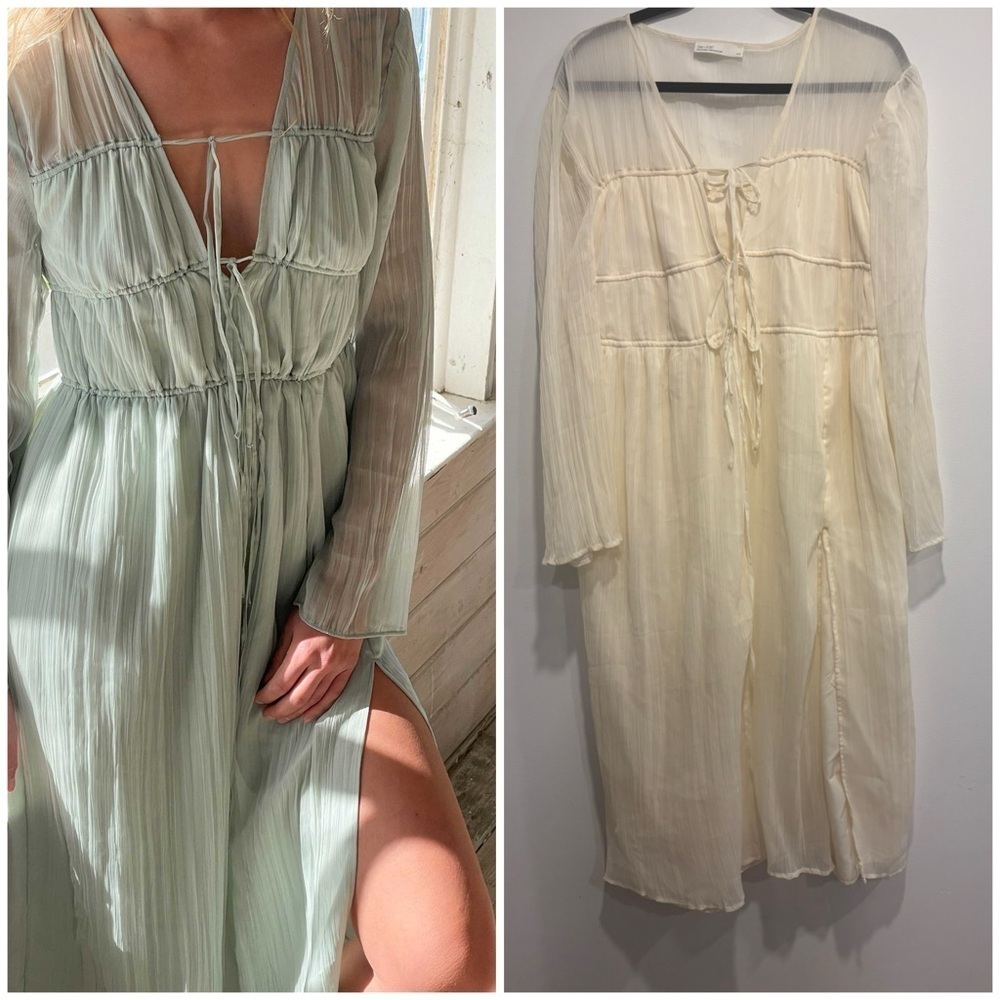 Oak + Fort Sheer Pleated BOHO Midi Dress in Ivory – Long Sleeve (Size M)